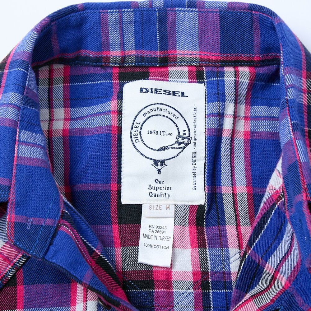 Diesel Plaid Pearl Snaps Long Sleeve Shirt Western Cowboy Men's Medium Pink Blue - Picture 3 of 8
